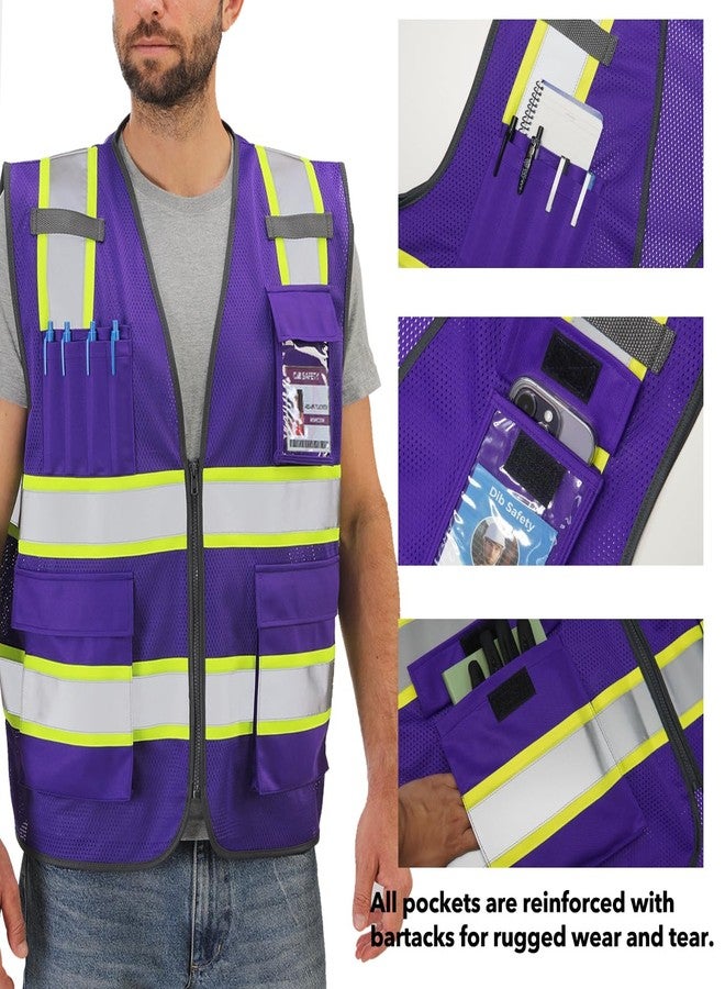 Dib Safety Reflective Mesh Vest High Visibility Two Tone with Pockets and Zipper, Purple Mesh with Yellow Trim 2XL - Image 3